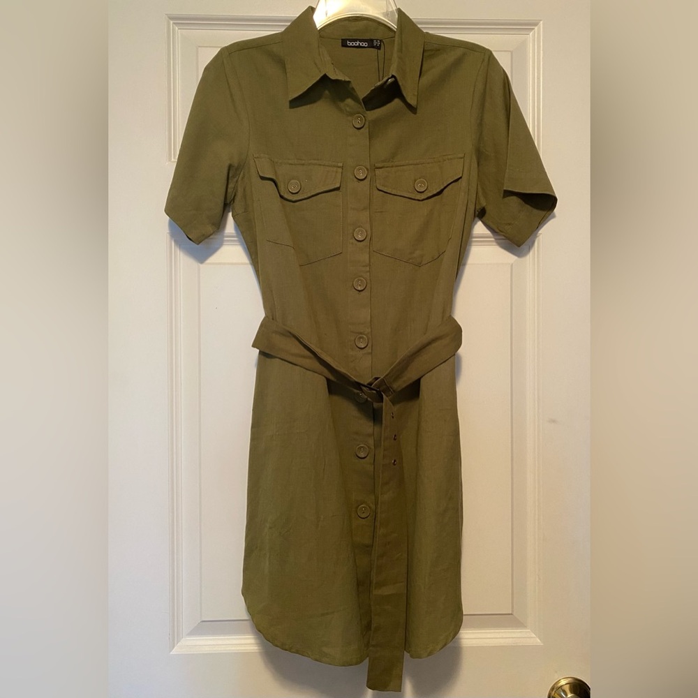 Boohoo Linen Belted Shirt Dress - Olive Green